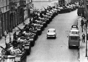 Soviet Tanks Line Side Of Street